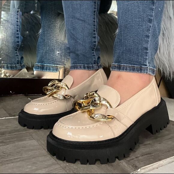 Taupe Chain Strap Platform Loafers - Picture 7 of 9